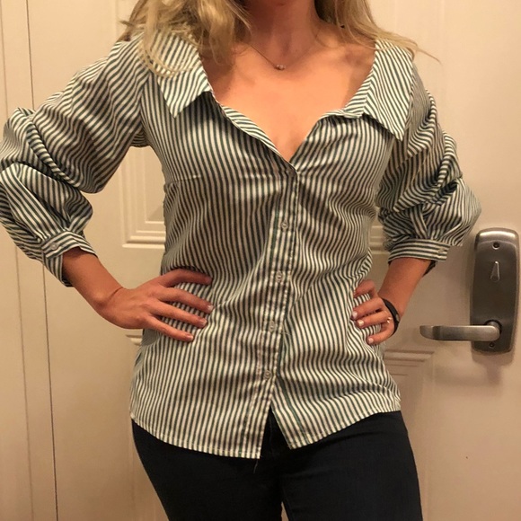 Another Story Striped Button Up Statement Blouse - Picture 3 of 8